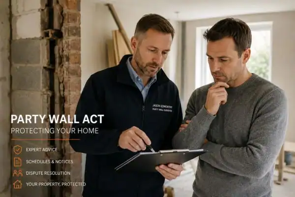 Party wall surveyor Clacton-on-Sea discussing extension plans with homeowner outside a UK semi-detached house.